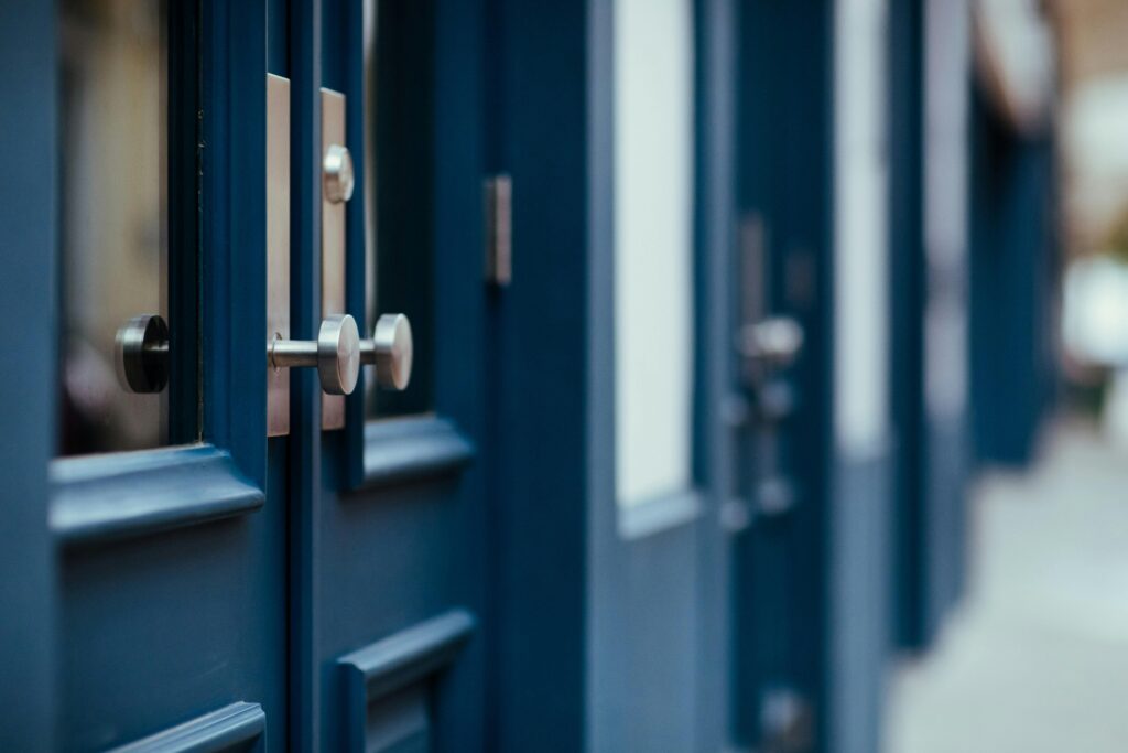 Detailed photo showcasing modern blue wooden doors with metallic handles.